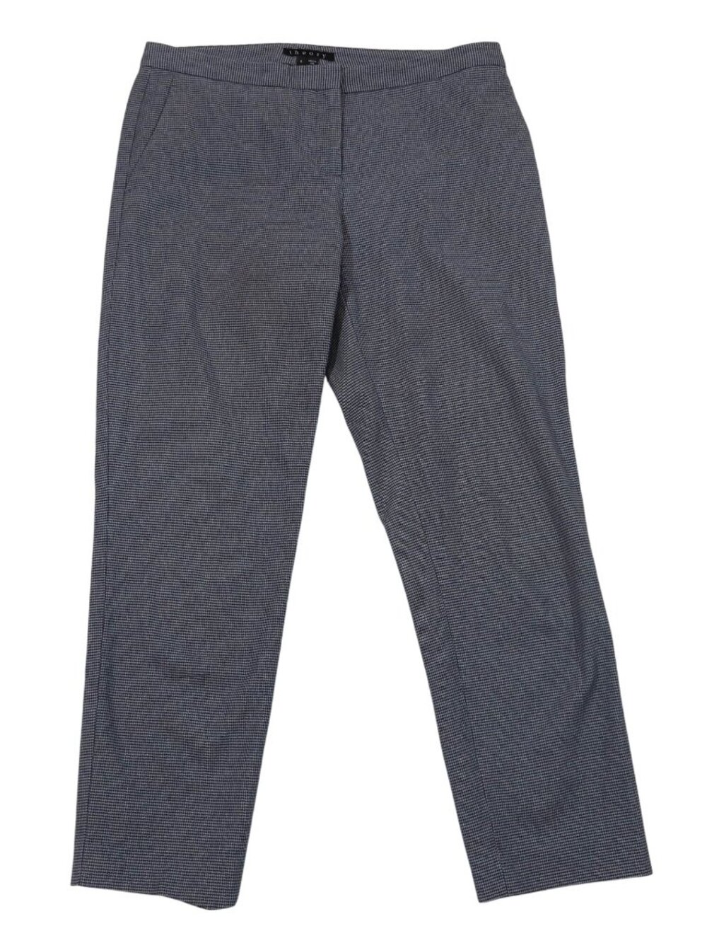 THEORY Micro Houndstooth Straight Leg Pants Size 8 Navy Gray Cotton Blend Preppy